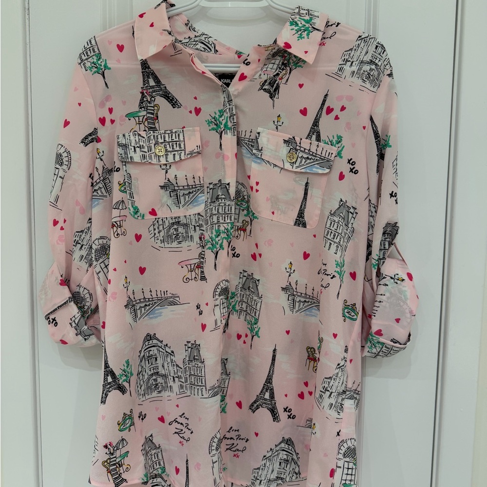 Karl Lagerfeld Pink Parisian Print Blouse Top Shirt